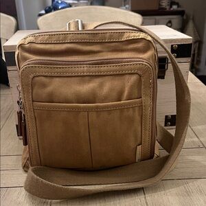 Fossil Tan Canvas Crossbody Bag with Front Pockets